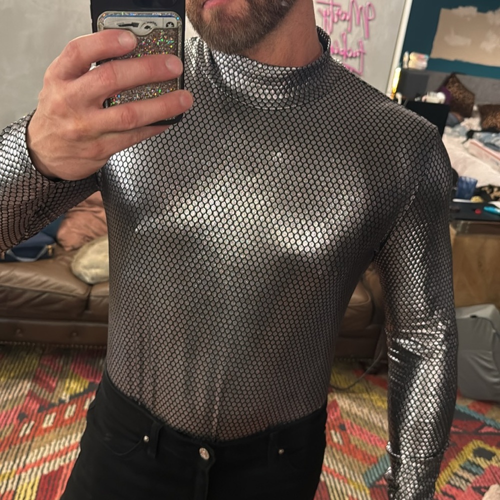 Silver and black mermaid, print, long sleeve mock turtleneck men’s bodysuit